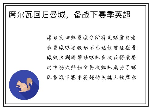 席尔瓦回归曼城，备战下赛季英超