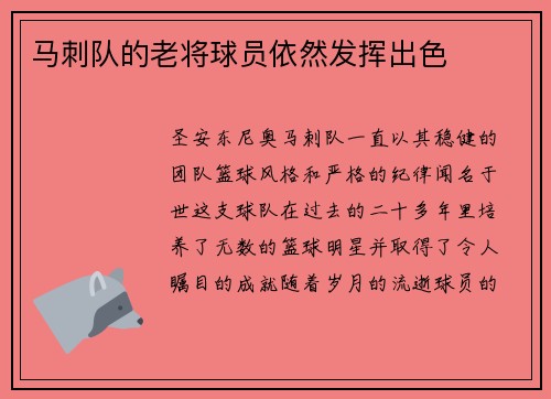 马刺队的老将球员依然发挥出色